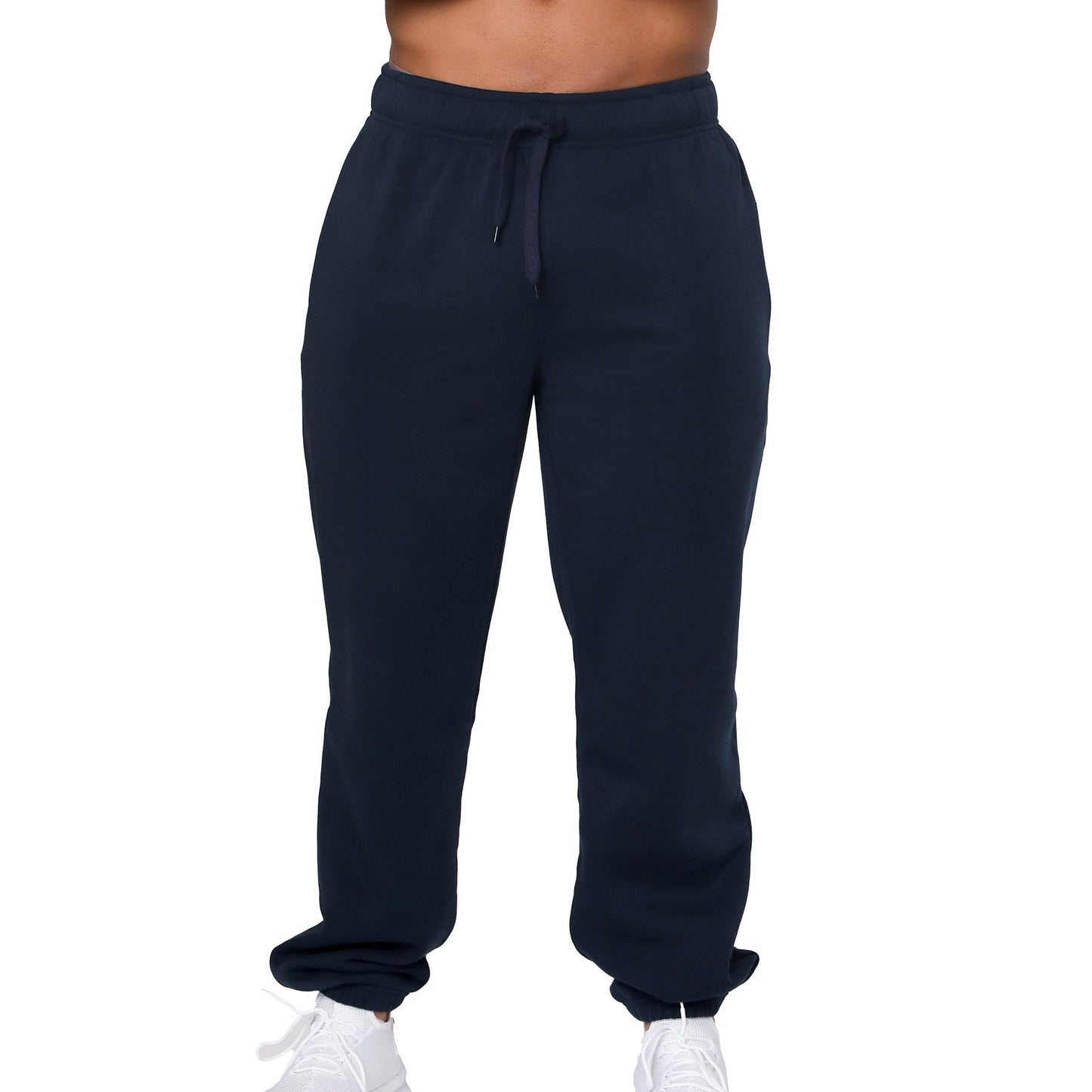 Mens Baggy Fleece Sweatpants Open Bottom Drawstring Waistband with Pockets Navy