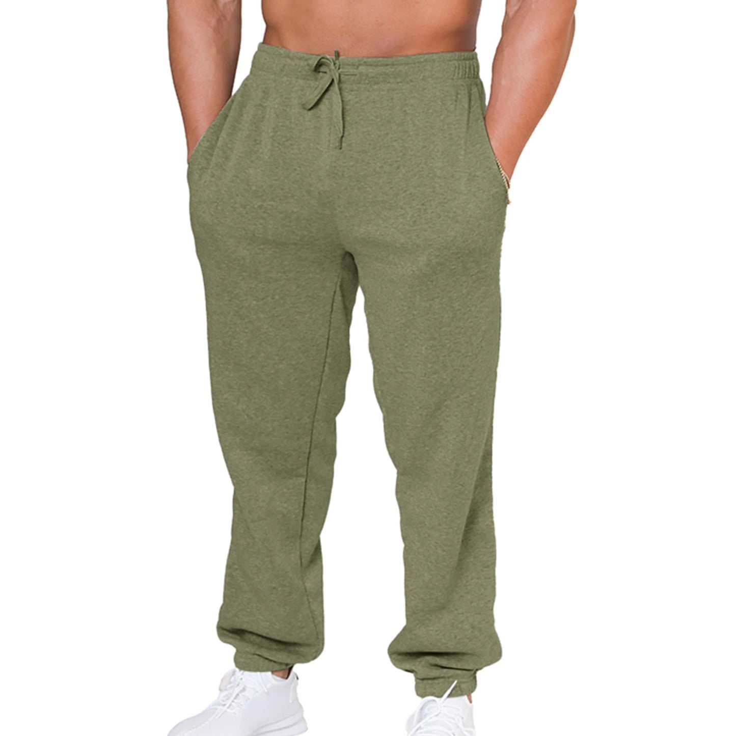 Mens Baggy Fleece Sweatpants Open Bottom Drawstring Waistband with Pockets Olive