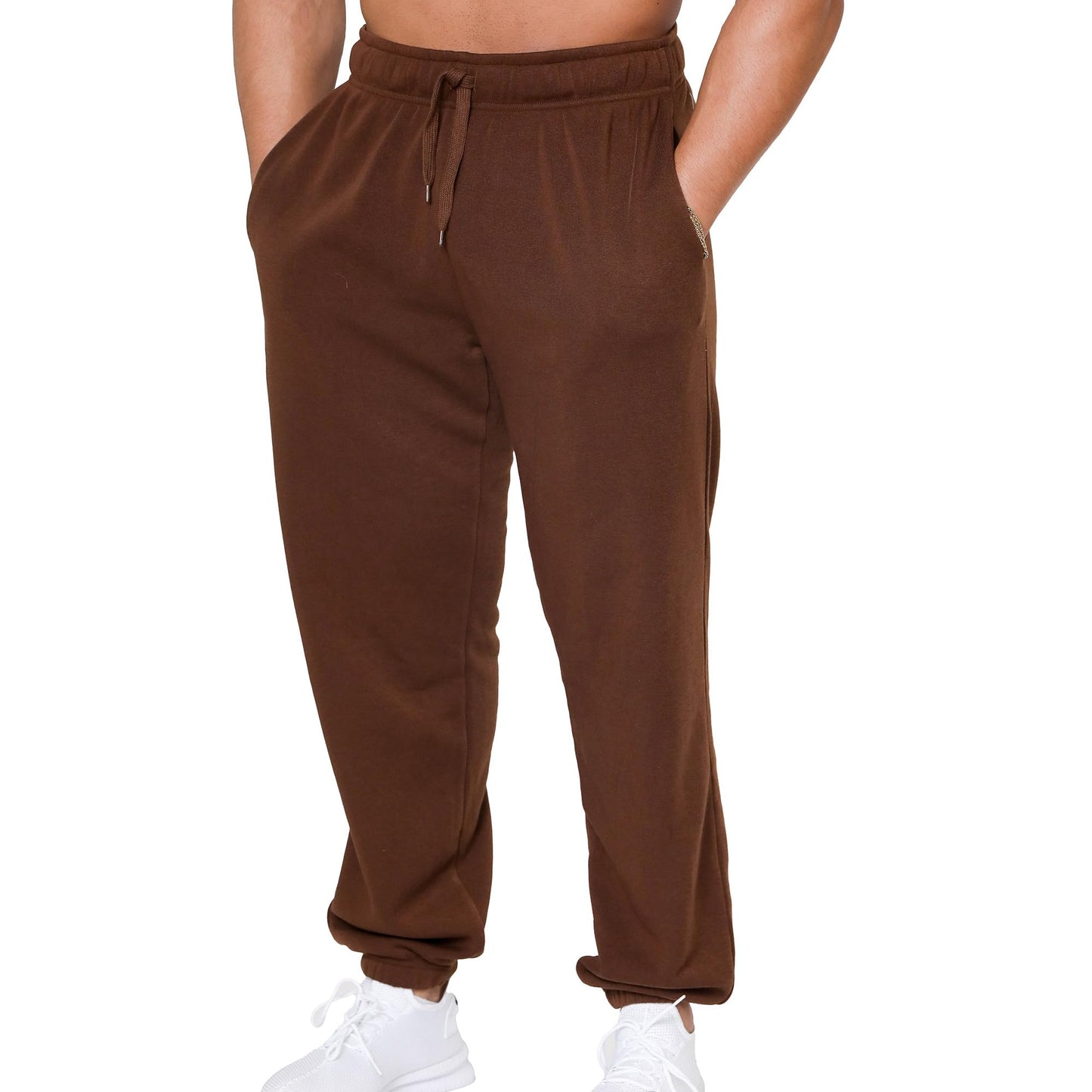 Mens Baggy Fleece Sweatpants Open Bottom Drawstring Waistband with Pockets Brown
