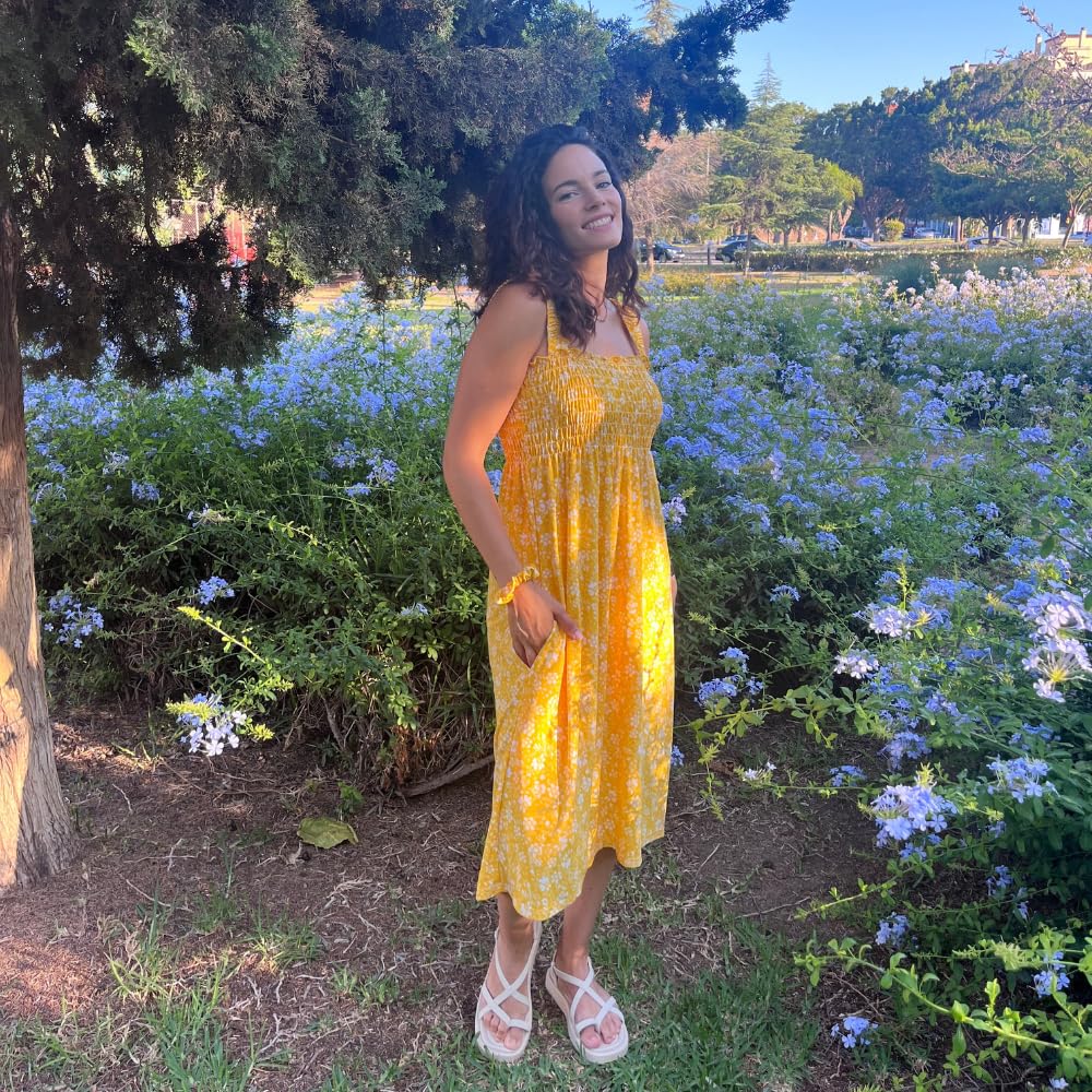 UNIQUE STYLES ASFOOR Womens Summer Dress, Beach Outfit Sleeveless Dress with Pocket, Square Neck Floral Sun Dress